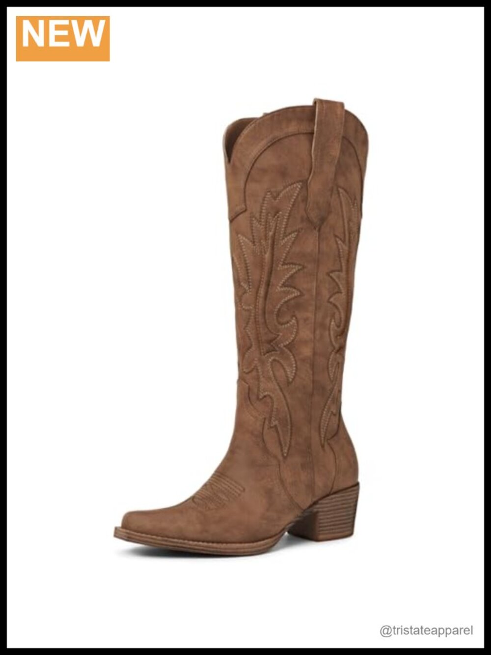 Knee High Cowboy Boots Pointed Toe Embroidered Chunky Heel Faux Leather Western